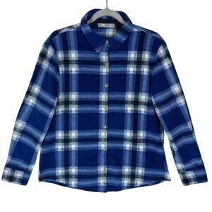 Riders by Lee Shirt Womens Small White Blue Plaid Flannel Long Sleeve Button-Up